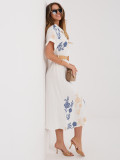 Weiß-blaues Hemdblusenkleid mit Stickerei und Gürtel, midi