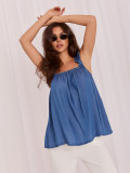 Blaue Bluse mit Bindeband und eckigem Ausschnitt