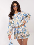 Blaue Shorts mit Blumenmuster, weitem Bein und Gürtel