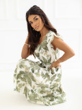 Grünes ausgestelltes Midi-Kleid mit Gürtel und Volant