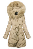 Winterjacke mit Gürtel und Kunstfell Hellbeige