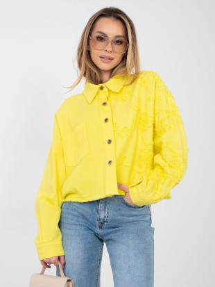 Kurze gelbe Jeansjacke mit Blumenapplikation