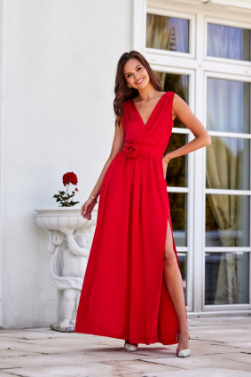 Satin-Maxikleid mit dekorativer Rose, rot