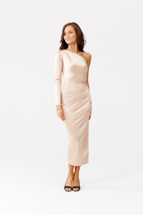 Satiniertes Midi-Kleid mit einem langen Ärmel, beige