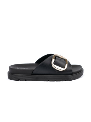 Schwarze Damen-Sandalen mit goldener Schnalle