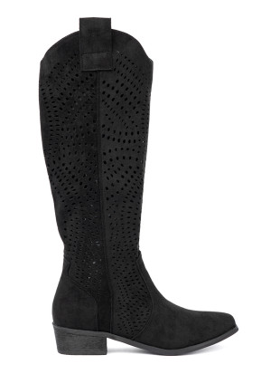 Schwarze durchbrochene Stiefel im Cowboy-Stil