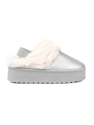 Silberne Schneestiefel mit Fell und Plattform