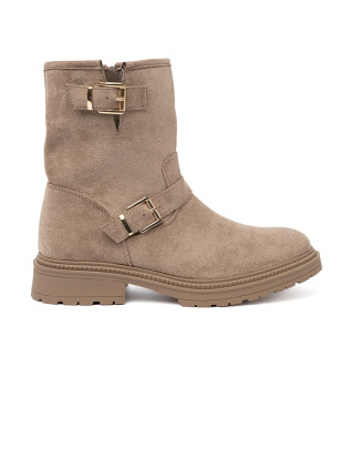 Beige Wildleder Stiefeletten mit dekorativen Schnallen