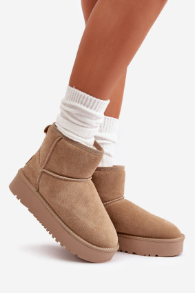 Beige Schneestiefel aus Veloursleder mit Plateau