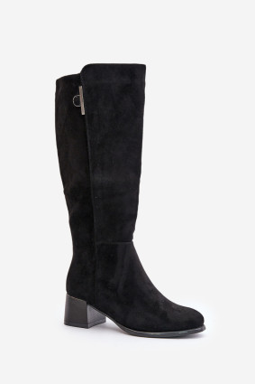 Schwarze Stiefel aus Öko-Veloursleder mit Blockabsatz bis zum Knie