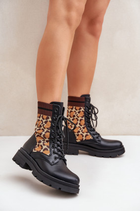 Schwarze Ankle-Boots mit Leopardenmuster und Sockeneinsatz