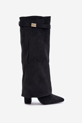 Schwarze Overknee-Stiefel aus Velourslederimitat mit Blockabsatz und umgeschlagenem Schaft