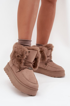 Snowboots auf Plateausohle mit Kunstfell und Schnürung, beige