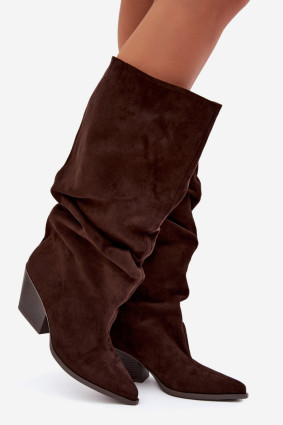 Stiefelette aus Veloursleder mit gerafftem Schaft und Absatz, braun