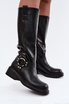 Schwarze Overknee-Stiefel mit dekorativem Detail und Reißverschluss