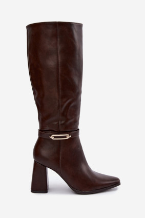 Gefütterte Overknee-Stiefel mit dekorativem Riemen und Blockabsatz, braun