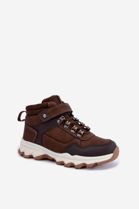 Gefütterte braune Trekkingschuhe mit Klettverschluss aus Kunstleder