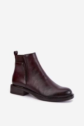 Gefütterte bordeauxrote Stiefelette aus Kunstleder mit flachem Absatz