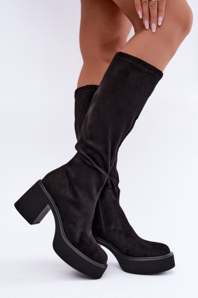 Schwarze Overknee-Stiefel mit Plateau und Blockabsatz