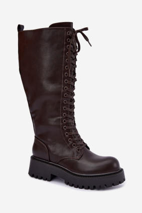 Braune Schnürstiefel mit Plateau aus Kunstleder