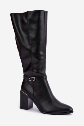 Gefütterte Stiefel mit Blockabsatz und Zierband, schwarz