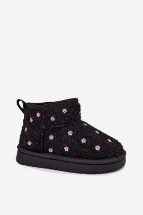 Schwarzer Schneestiefel mit kleinen Blumen und Fell