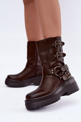 Braune Stiefelette mit Plateau und Schnallen