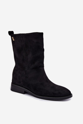 Gefütterte schwarze Stiefelette mit flachem Absatz aus Wildlederoptik