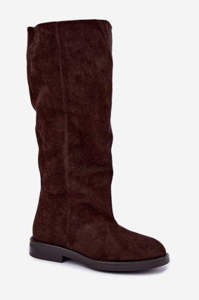 Braune Overknee-Stiefel aus Velourslederimitat mit flachem Absatz
