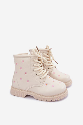 Beige gefütterte Stiefelette mit Blumenmuster