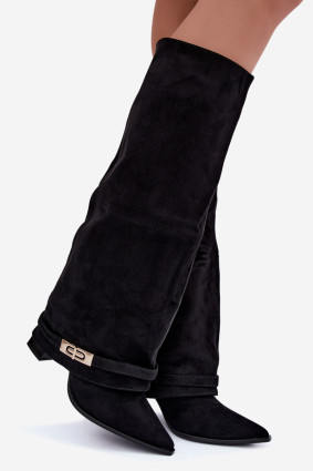 Gefütterte Overknee-Stiefel mit umgeschlagenem Schaft und Absatz schwarz