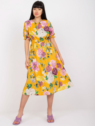 Blumen Midi Kleid in Dunkelgelb