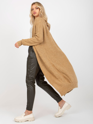 Camelfarbener Maxi-Cardigan mit Ajourmuster