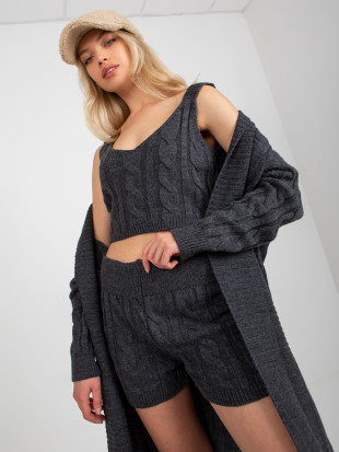 Dunkelgraues dreiteiliges Strickset mit Cardigan