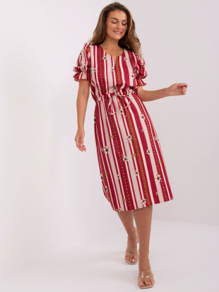 Bordeaux Midi Kleid mit Druck und Raffung