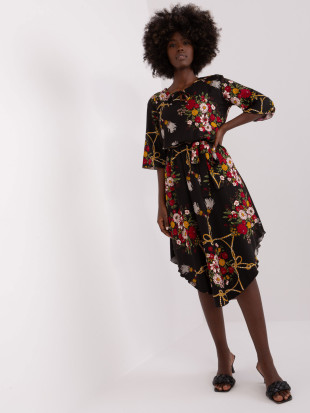 Schwarzes Midi-Kleid mit Blumenmuster und 3/4-Ärmeln