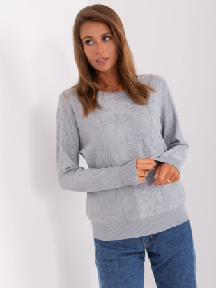 Grauer klassischer Damenpullover mit Rippbündchen