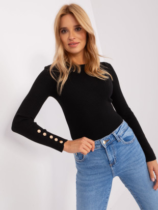 Schwarzer klassischer Pullover mit Knöpfen an den Ärmeln