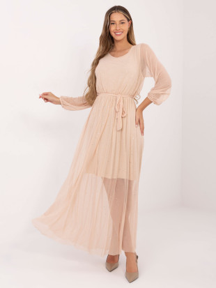 Beiges Maxi-Kleid mit Applikation und Gürtel