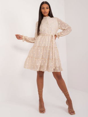 Beiges ausgestelltes Kleid mit Stickerei und Gürtel
