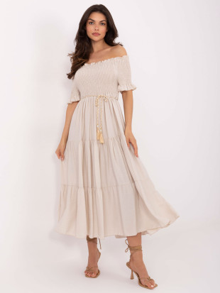 Beige ausgestellte Kleid mit Gürtel