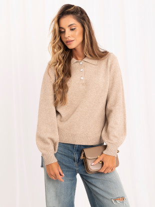 Beiger eleganter Pullover mit Kragen und Knöpfen