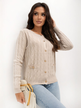 Beiger eleganter Pullover mit Rundhalsausschnitt und Knöpfen