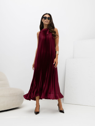 Bordeauxfarbenes Cocktail-Midikleid mit Bindegürtel und Volant