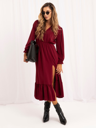 Bordeauxfarbenes Midi-Kleid mit Volant und V-Ausschnitt