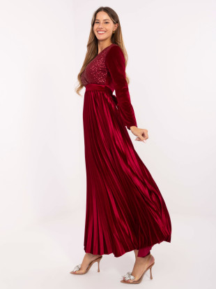 Bordeauxfarbenes Maxi-Kleid mit Gürtel und Pailletten