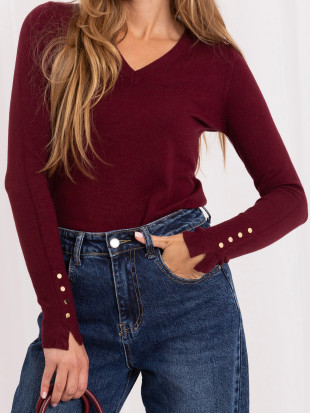 Eleganter bordeauxfarbener Pullover mit V-Ausschnitt und Knöpfen