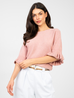 Eleganter rosafarbener Pullover mit 3/4-Ärmeln und Volant