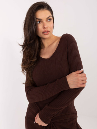 Brauner Rippstrickpullover mit V-Ausschnitt