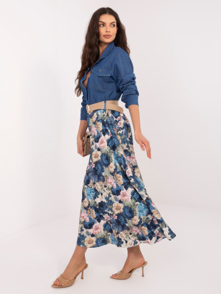 Eleganter Midirock mit Blumenmuster und Gürtel, dunkelblau